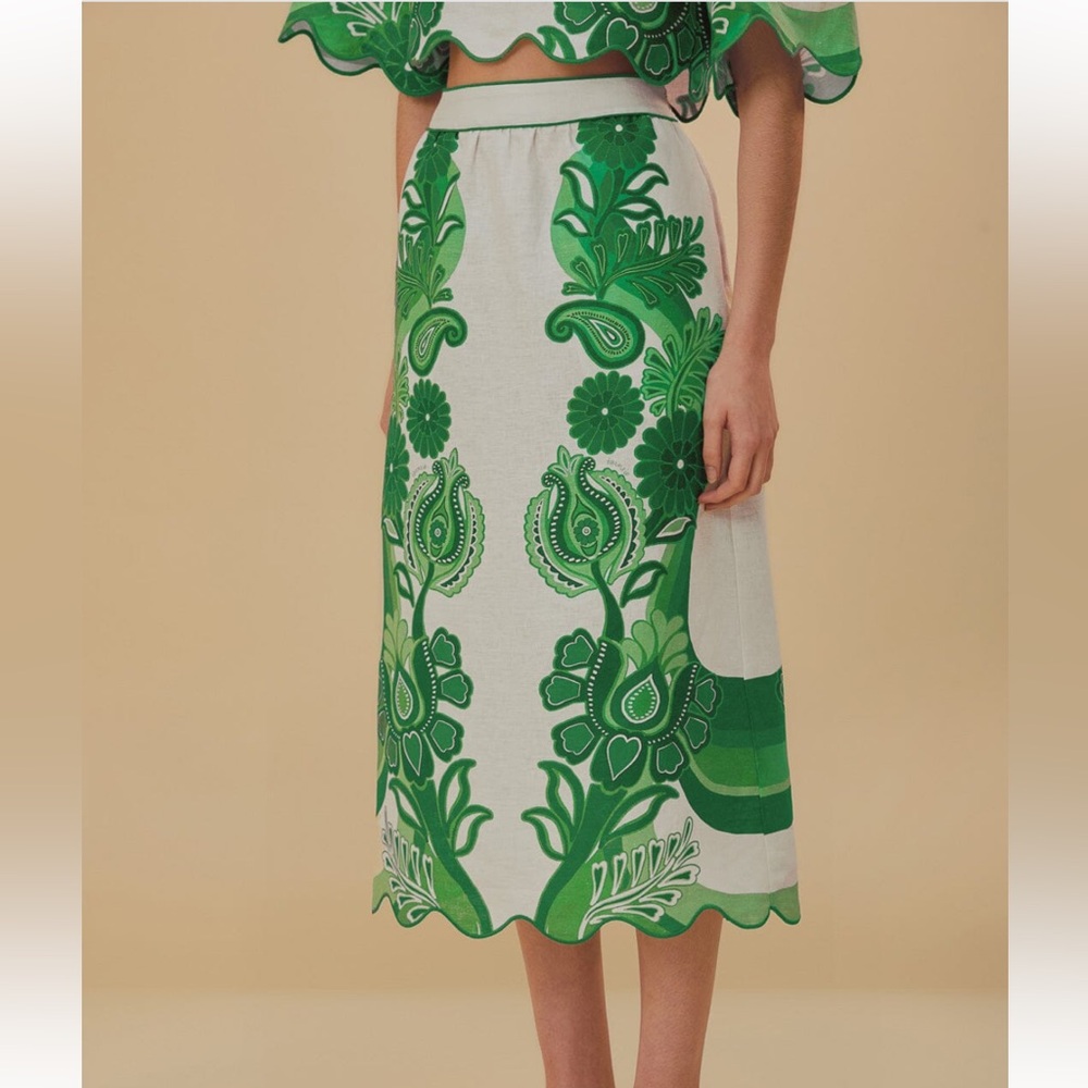NWT. Farm Rio Green Color Festival Euroflax™ Midi Skirt. XS.